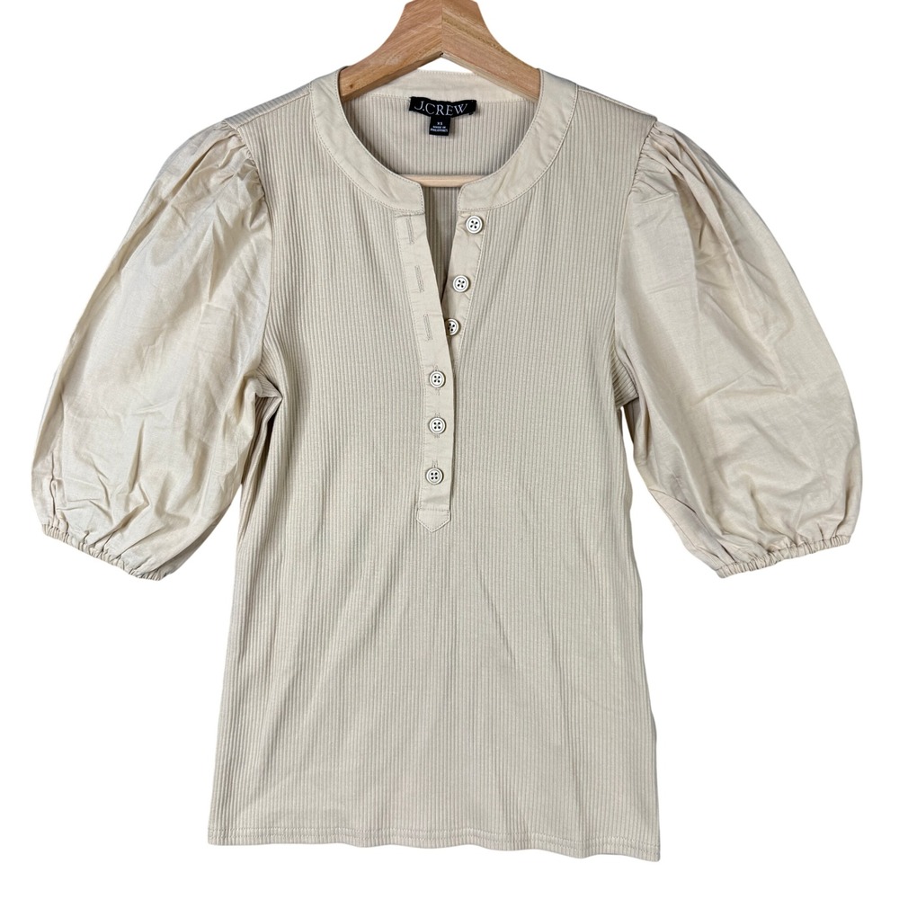 J.Crew Re-imagined Puff-Sleeve Henley Top BQ896 Tan Beige XS Ribbed Mixed Media
